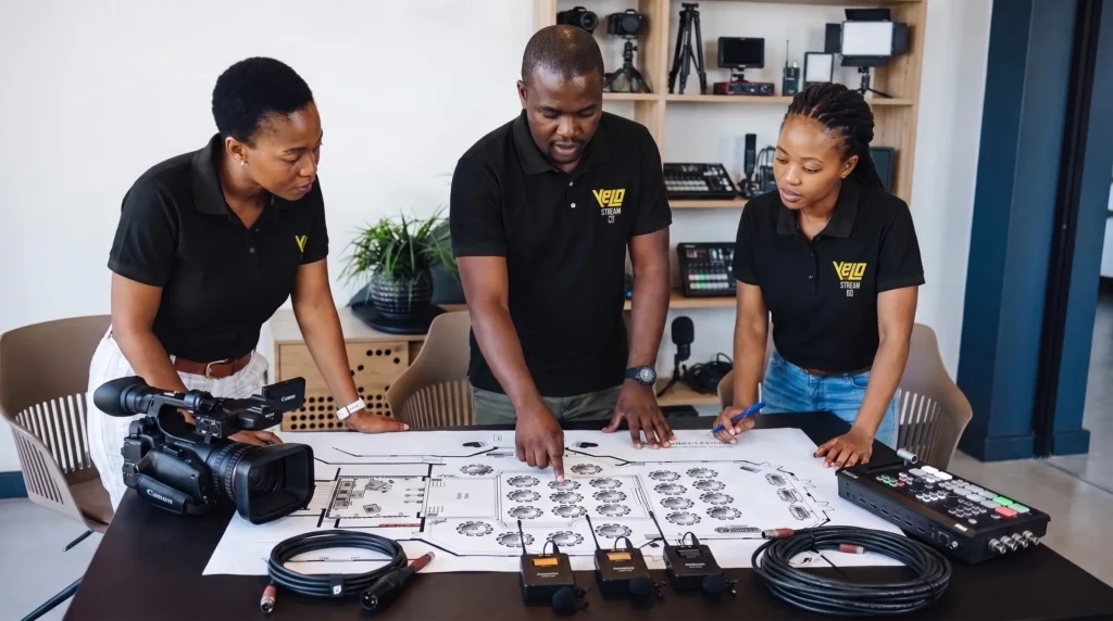 Three team members in branded polo shirts planning an event around a venue floor plan, with camera, cables and broadcast gear laid out on the table