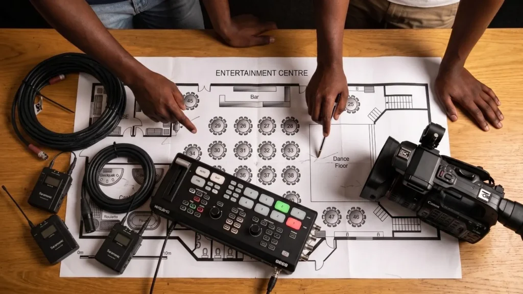 Yelo team planning event audio-visual setup over a venue floor plan, with wireless mics, a switcher and a camera on the table