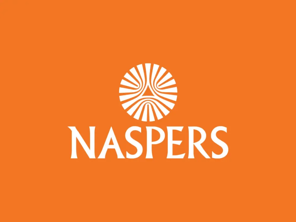 Naspers logo, white sunburst emblem above the wordmark, on an orange background.